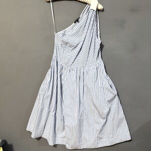 Tara Jarmon 44/12-14 100% Cotton Blue White Stripe Dress Pockets One Shoulder